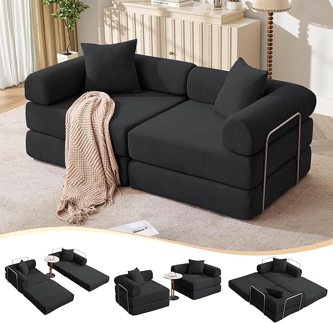 73 Convertible Sleeper Sofa Bed Corduroy Boneless Couch in a Box 4-in-1 Folding Mattress Loveseat Couch Comfy Modular Foldable Floor Sleeper Sofa with 2 Pillows and Fixed-Shape Frame (Black 73)