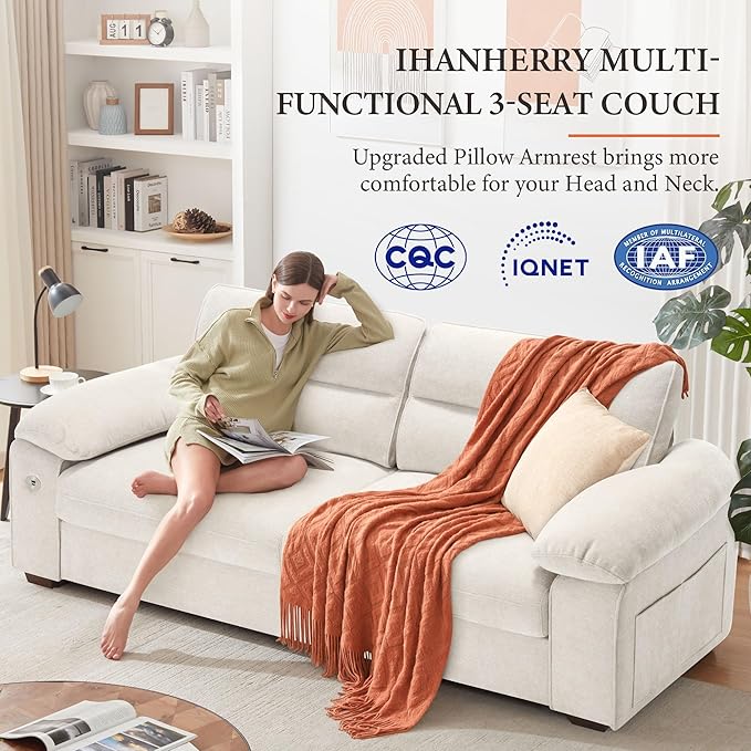 Ihanherry 90.5 Modern Sofa 2-Seater Couch for Living Room Chenille Pillow-Armrest with Extra Large Seat Width USB/Type-C Charging Port &amp Side Pocket Removable Medium Firm Cushion(Beige)