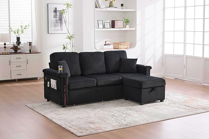 76.8 L-Shaped Sleeper Sofa with Storage Ottoman USB Ports Cup Holders&ampLED Lights Side Pockets Comfy Corduroy Modern 3-Seater Small Couch Bed for Living Room with 2 Throw Pillows (Black)