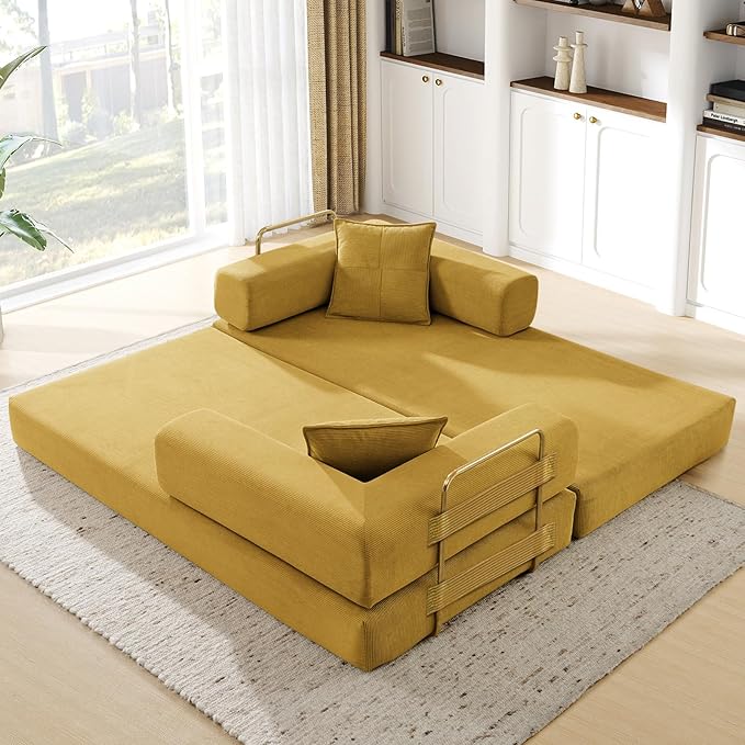 Convertible Folding Sofa Bed Corduroy Sleeper Mattress Couch with Fixed-Shape Frame Free Combination Loveseat Lounge Floor Sofa Queen Size Memory Foam Couch for Living Room Bedroom Yellow