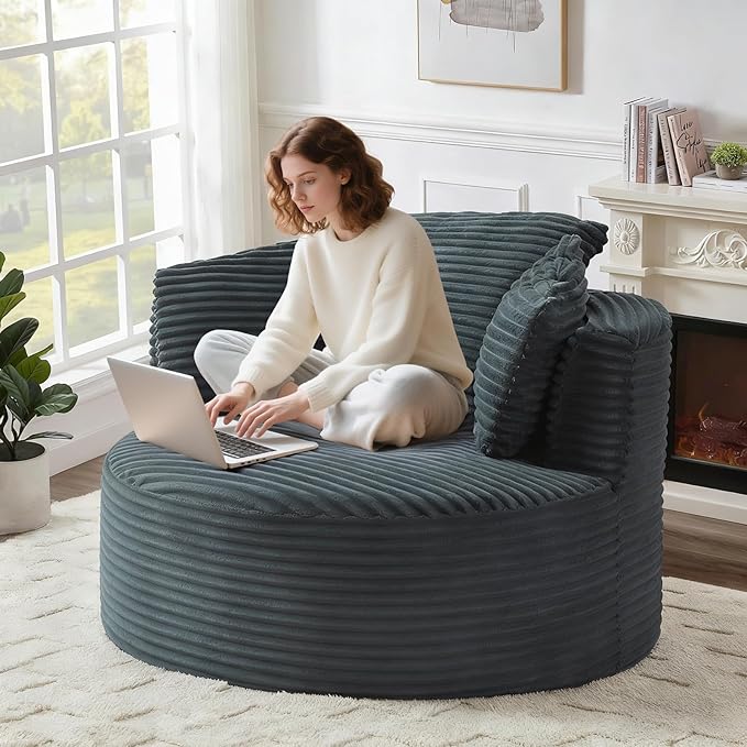Round Chair Lounge Chaise Indoor 48.8 Oversized Sofa Chair Upholstered Corduroy Deep Seat Sleeper Sofa Bed No Assembly Required for Living Room Bedroom Apartment Dark Gray