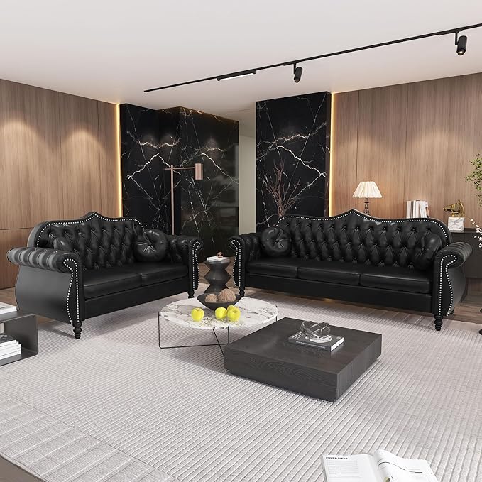 AVZEAR Chesterfield 2-Piece Living Room Sectional Sofa Set Mid-Century Modern Upholstered PU Sofa Couch Classic Tufted Button Sofa with Nailhead Trim for Living Room Office (2+3 Seat Black)
