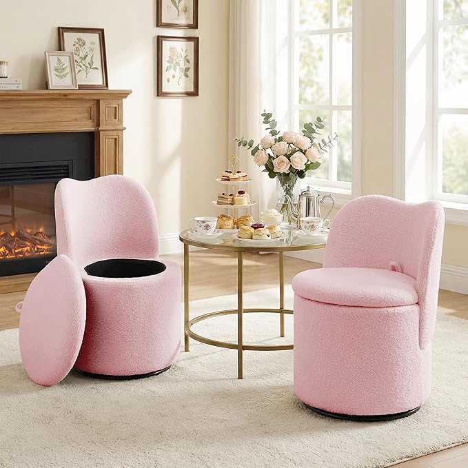 Swivel Teddy Vanity Chair with Storage Upholstered Vanity Stool with Back Sherpa Vanity Stool Chair Round Makeup Chair Swivel Accent Chair Barrel Armchair Soft Padded Seat for Living Room Bedroom