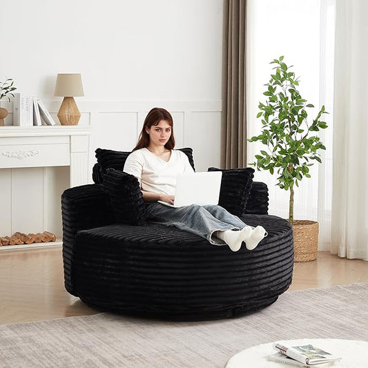 55''L Round Swivel Accent Chair Oversized Plush Corduroy Modern Swivel Barrel Chairs Upholstered Cozy Reading Chair for Living Room Bedroom Home Office (Corduroy Black)