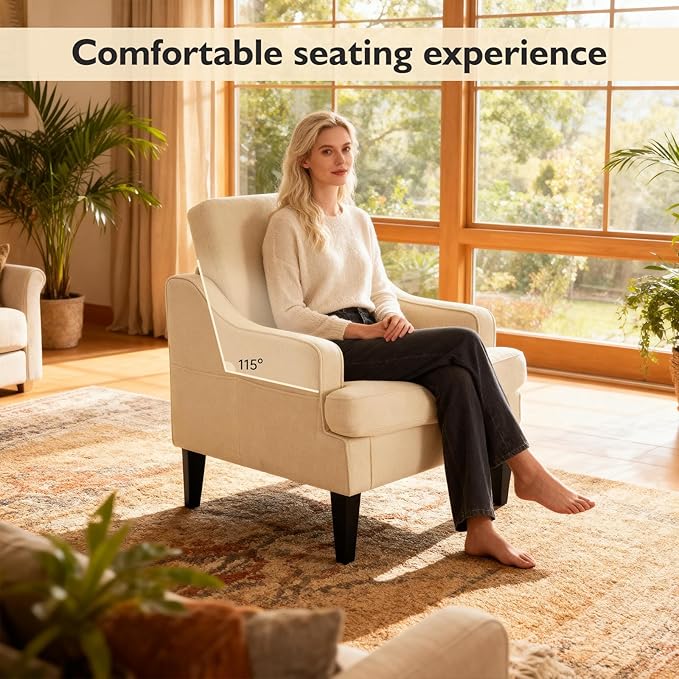 Accent Chair for Living Room Upholstered Living Room Chair with Side Pockets Comfy Accent Chairs for Bedroom Mid Century Modern Armchair for Office Apartment Waiting Room Club (Beige)