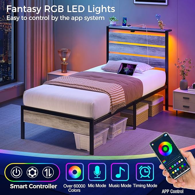 Rolanstar Bed Frame Twin Size with USB Charging Station LED Bed Frame with Wood Storage Headboard Light Grey Metal Platform Bed with Under Bed Storage No Box Spring Needed Noise Free