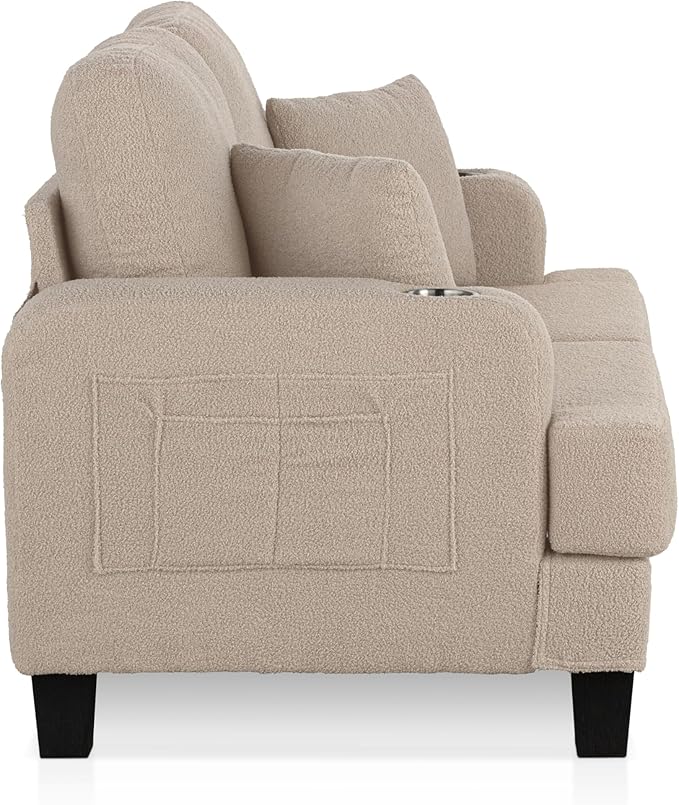 Homes: Inside + Out Reese Modern Plush Boucle Comfortable Loveseat with Side Pockets Cup Holders and Pillows Wooden Soft Couch for Living Room Bedroom and Office Beige