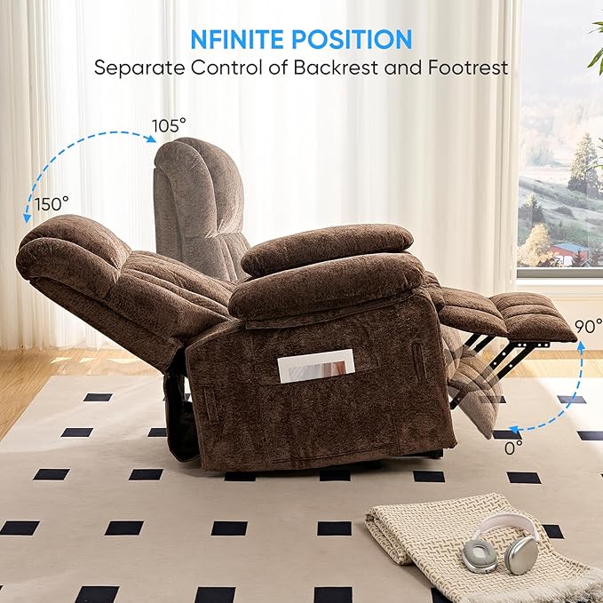 PUREMIND Power Lift Recliner Chair for Elderly Dual Motor Electric Recliner with Massage and Heat Ergonomic Massage Chairs with Side Pocket &amp Remote - Velvet Fabric Strong Support Brown