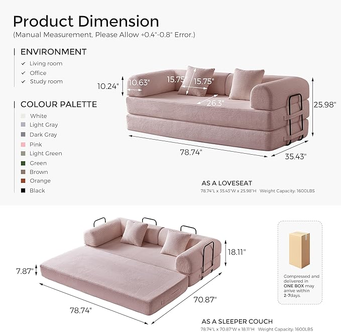 79 Floor Sofa Bed Convertible 5-in-1 Sleeper Sofa with Non-Slip Base Corduroy Couch Expandable Design No Tools Needed for Home Guest Room (Pink)