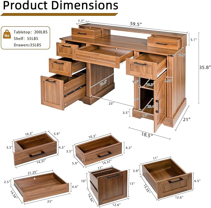 59.5 Farmhouse Executive Desk with Hutch Computer Desk with 6 Drawers File Drawer Cabinet Storage and Charging Station Home Office Writing Desk for Study BedroomBrown