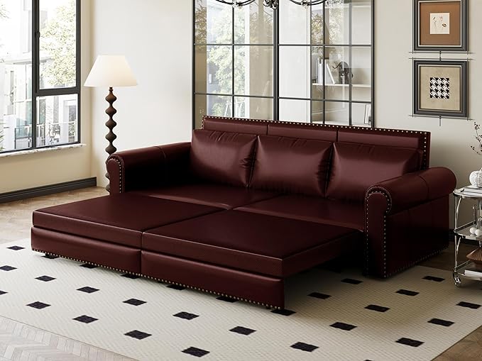 Eafurn 93.7 King Size Pull Out Sofa Bed 3-in-1 Convertible Sleeper Sofa Couch Bed with Nailhead Decor and Rolled Arms Faux Leather Oversized Chesterfield Loveseat Chaise Lounge