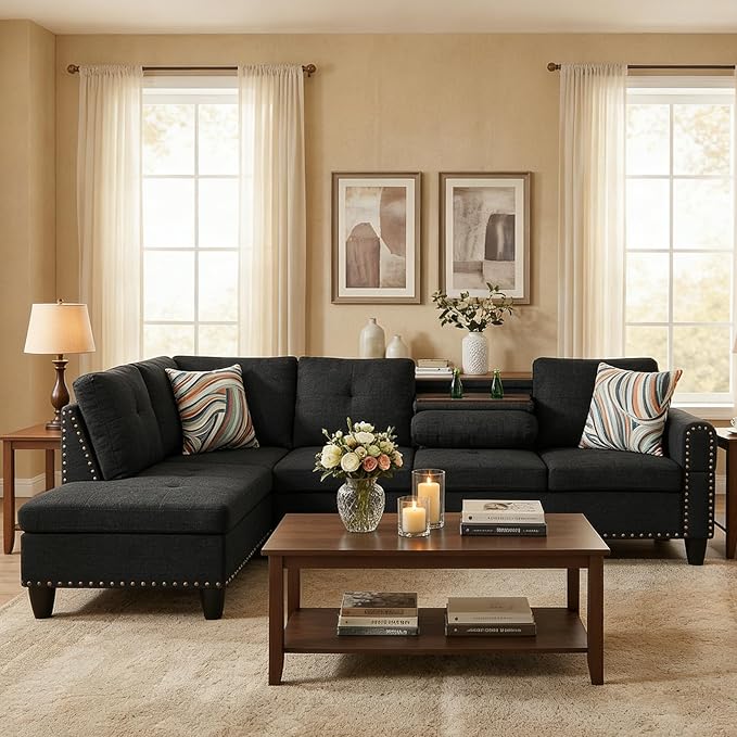 L-Shaped Sectional Couch with Cup Holders Living Room Sofa with Lounge Chaise Modern 4 Seater Sofa Couch for Living Room Small Apartment &amp Office Black Gray