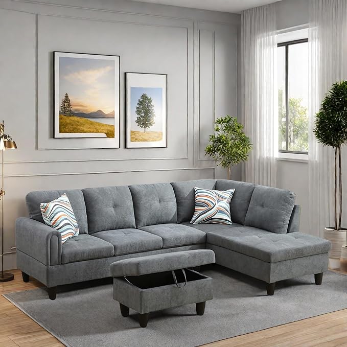 FONTOI L Shaped Sectional Couches Modern Modular Sectional Sofa for Living Room Bedroom Furniture Comfortable 4 Seat Couch with Ottoman Storage &amp Chaise Gray