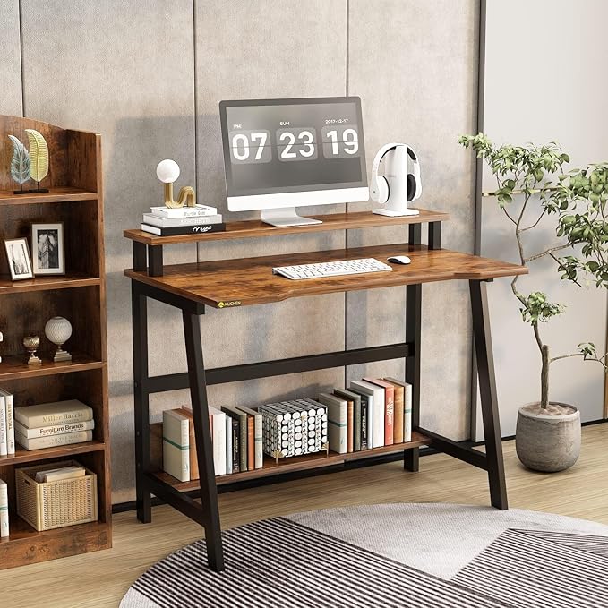 31.5 Inch Modern Small Desk Compact Computer Desk for Home Office and Study Space Saving with Multi-Function Open Shelves