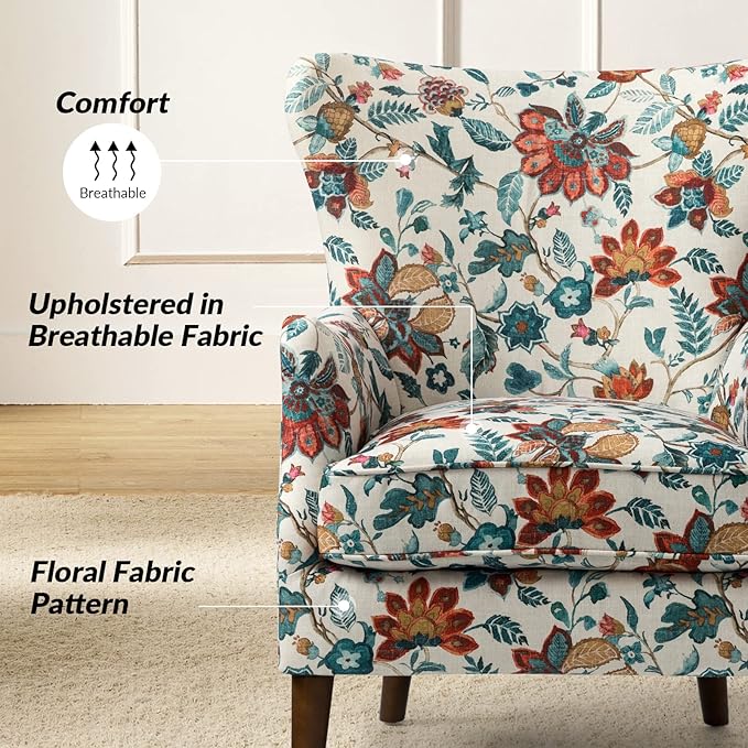 HULALA HOME Floral Accent Chair Wingback Chair with Arms and Solid Wooden Legs Comfy Upholstered Armchair Single Sofa Chair for Living Room Office (RED)