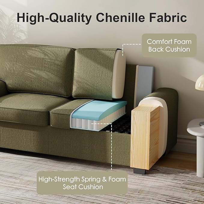 69.6 Modern Loveseat Sofa with Chenille Fabric - Deep Seat 2-Seater Couch Spring Cushion &amp Sturdy Metal Frame Cozy Small Sofa for Living Room Bedroom Office Apartment (Green) | Loveseat Sofa