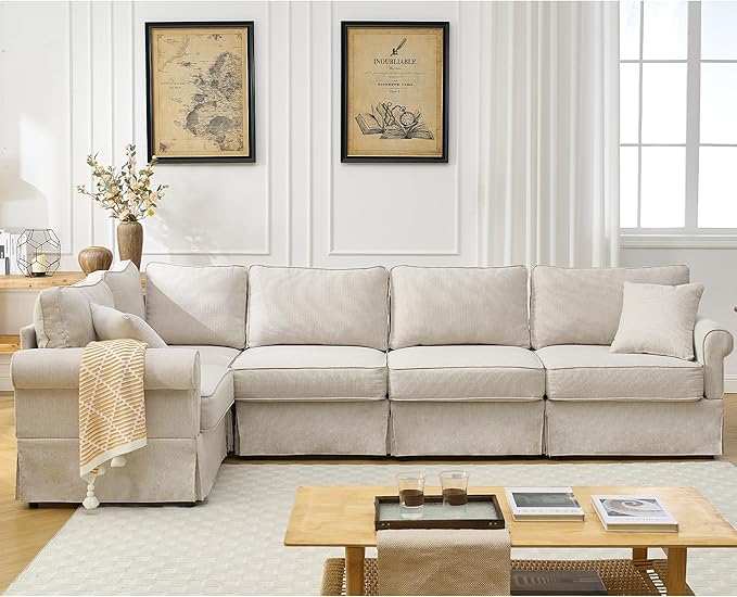Modular Sectional Sofa SetConvertible L Shaped Couch5 SeatReversible Sectional Sofa CouchUpholsteredCorner SofaRolled ArmsSoft Linen Fabric (Beige)