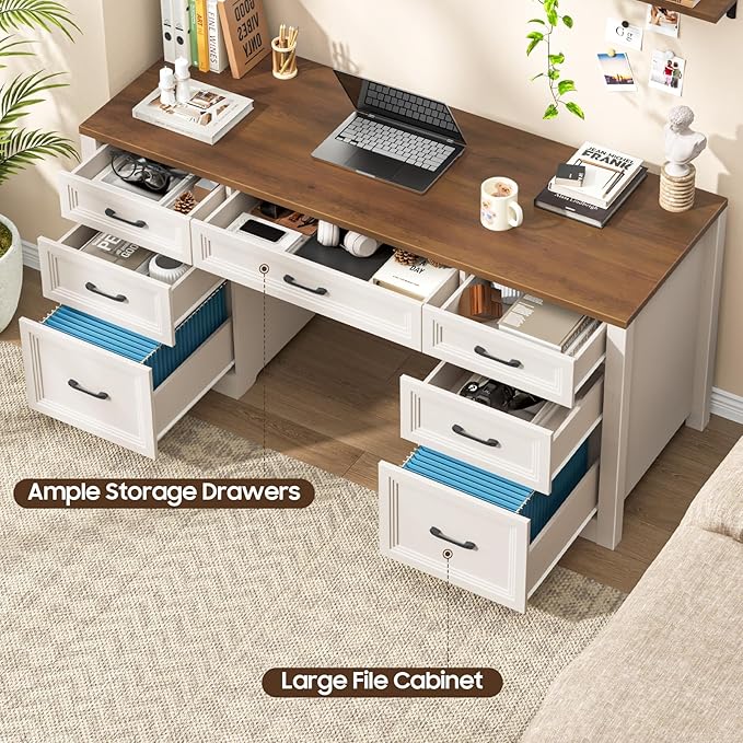 Vabches Farmhouse Executive Desk Wood Home Office Desk with 2 Large File Drawers and 5 Storage Cabinets Rustic Writing Desk for Work and Study Brown
