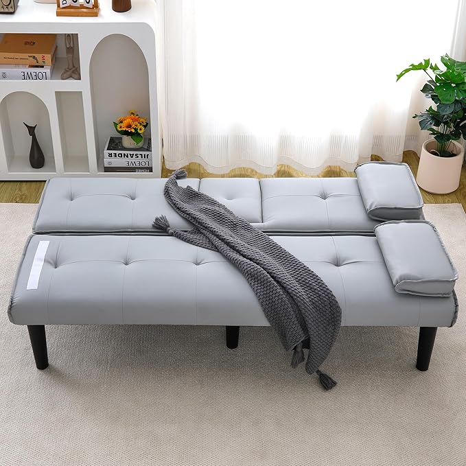 67Modern Futon Sofa BedConvertible 3 in 1 Sleeper Bed Couches with Adjustable BackrestCup HoldersComfy PU Leather Recliner Sofa Loveseat with Chrome Legs for Small Home Living Room (Grey)