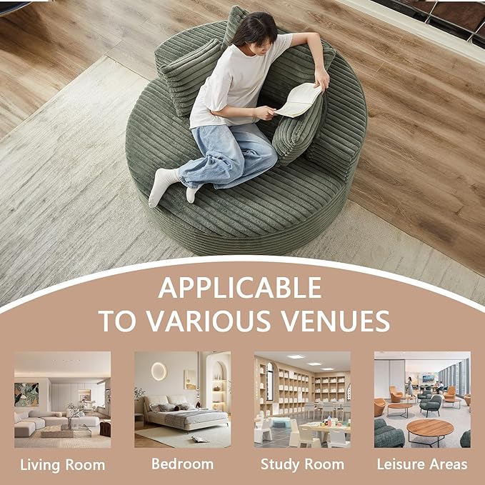 55''W Oversized Round Chair with PillowsComfy Corduroy Single ChairOversized Accent Chair with Deep Seat Modern Large Reading Chairs for Living Room &amp Bedroom (Green)