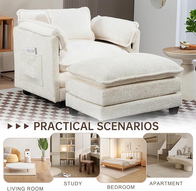 KEIKI Boucle Accent Chair with Storage &amp Ottoman Oversized Reading Arm Chair w/Double Cushion Modern Side Deep Seating Chairs Set Corner Comfy Lounge Armchair for Living Room Bedroom White