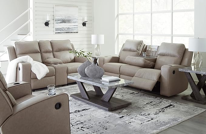 Signature Design by Ashley Lavenhorne Contemporary Faux Leather Manual Reclining Sofa with Drop Down Table Cup Holders and USB Ports Beige