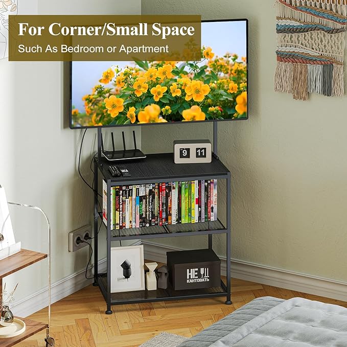 23 Inch to 50 Inch Floor Small Corner TV Stand with Storage Shelves for Living Room Bedroom Universal Floor Television Stands with Mount Farmhouse Black TV Table Desk Shelf for Small Spaces