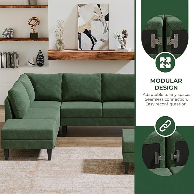 4-Seat U-Shaped Modular Sofa with Double Storage Ottoman - Space-Saving Convertible Lounge Couch for Home &amp Office Green