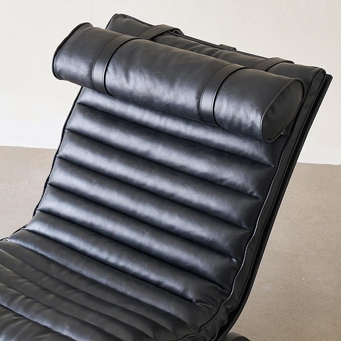 Leather Upholstered Armless Chair Modern Design Lounge Chair with Metal Frame and Headrest Cushion Comfortable Suitable for Living Room Bedroom Office (Black)