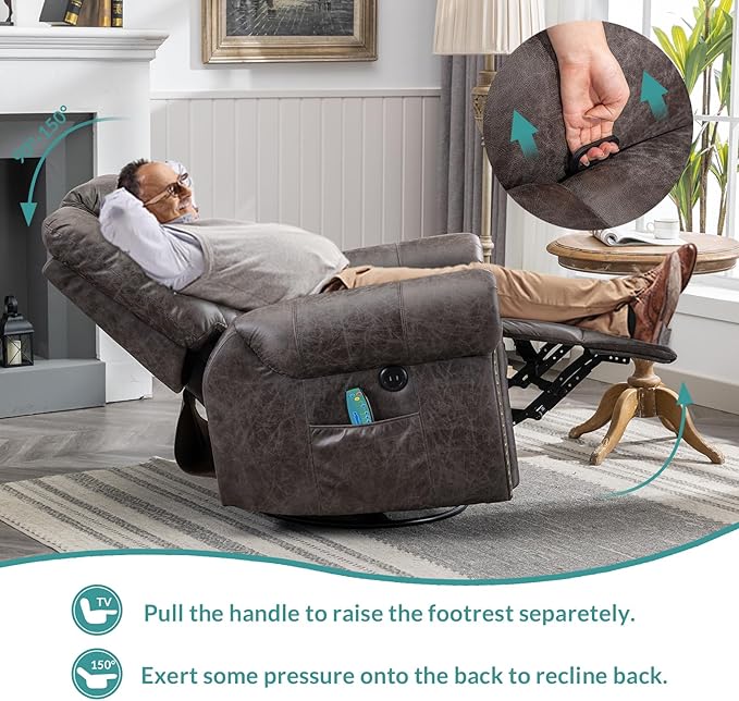 MEETWARM Massage Swivel Rocker Recliner with Heat and Vibration Manual Glider Rocking Recliner Chair 360°Swivel Lounge Reclining Chair with Remote Control/USB Ports for Living Room(Gray)