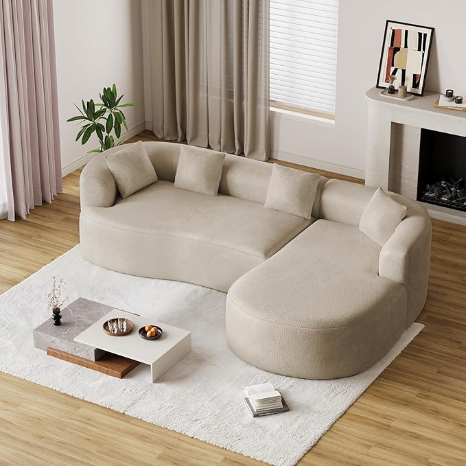 Oversized Sectional Sofa with Right Chaise for Living Room 111 Modern Curved L Shape Cloud Couch with Extra Deep Seat Modern Luxury Chenille 4 Seater No Assembly Required Light Brown