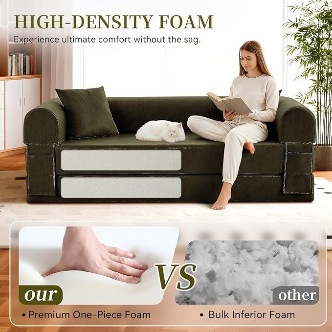 4-in-1 Folding Convertible Sofa Bed 78 Inch Faux Leather Boneless Couch Loveseat Sleeper with Pull Out Bed Floor Sofa Modular Futon Teddy Sofa for Living Room Bedroom Lounge Green