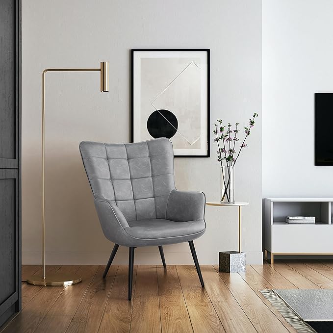 Topeakmart Living Room Chair Accent Faux Leather Chair with Biscuit Tufted Accent Chair with Tapered Legs for Living Room Bedroom Gray