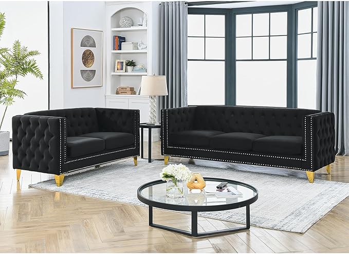 Antetek Comfy Upholstered Couches for Living Room 58-inch Modern Button Tufted Loveseat Sofa w/Square Arm 4 Golden Metal Legs and Gold Nail Heads for Living Room Office Apartment Black