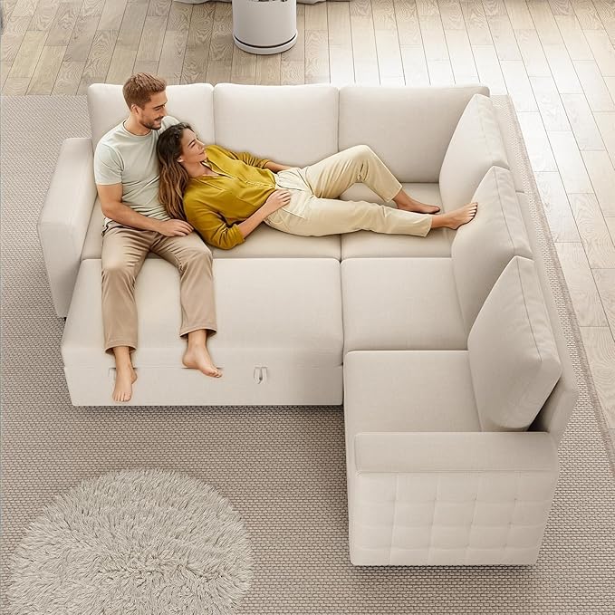 86 Inch Sectional Sleeper Sofa 5 Seat L Shaped Sleeper Sectional Couch with Pull Out Bed Convertible Sofa Bed with Storage for Living Room Apartment Modular Cloud Couches Beige