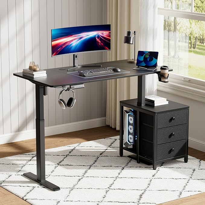 REAHOME Electric Standing Desk with Drawers 55 x 24 Inches Height Adjustable Sit Stand Desk with Storage 3 Memory Preset Home Office Computer Desk Printer Cabinet 2 Hooks Cable Management Black