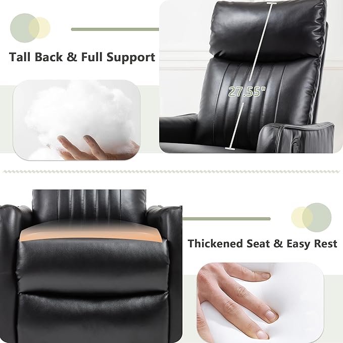 cinkehome Heated Massage Swivel Rocker Recliner Chair for Nursery - Small Space Reclining Chair with Lumbar Support 360° Swivel &amp Gentle Rocking Ergonomic High Back Faux Leather Black