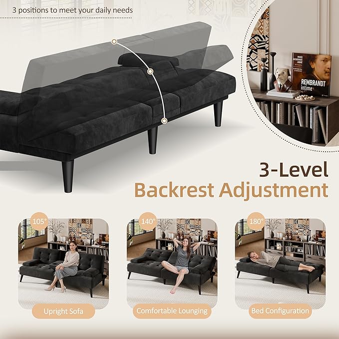 Shintenchi Futon Sofa Bed Velvet Foldable Couch Reclining Sleeper with Removable Armrests Upholstered Loveseat Sofa Couch with Folding Cup Holders for Home Office(Black)