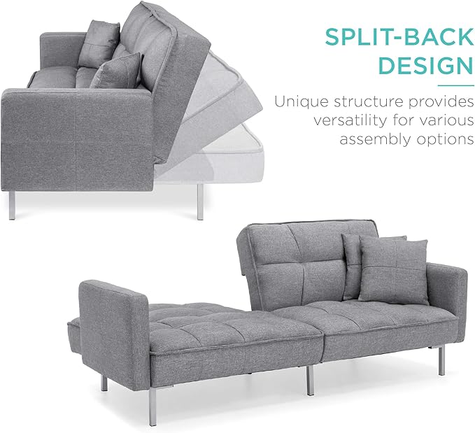 Best Choice Products Convertible Linen Fabric Tufted Split-Back Plush Futon Sofa Furniture for Living Room Apartment Bonus Room Overnight Guests w/ 2 Pillows Wood Frame Metal Legs - Dark Gray