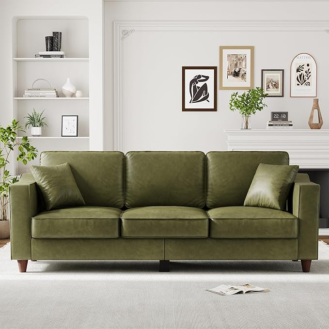 3-Seater Sofa Couch with 2 Throw Pillows 85 Inches Faux Leather Couch with Wide Armrests Deep Seats Wood Legs Back Cushion Sturdy Support Feet Couches for Living Room Office Olive Green