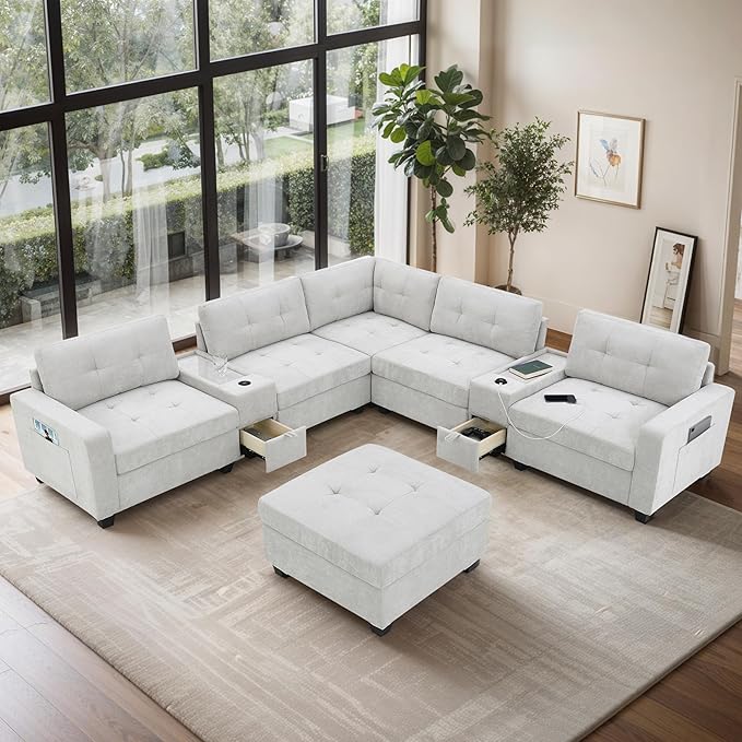 104'' Sectional Sofa with 2 Acrylic Consoles Oversized U Shaped Couch Set with USB ChargerStorage DrawersPocketsMovable OttomanChenille Modular Sectional Sofa for Living RoomApartment(Beige)