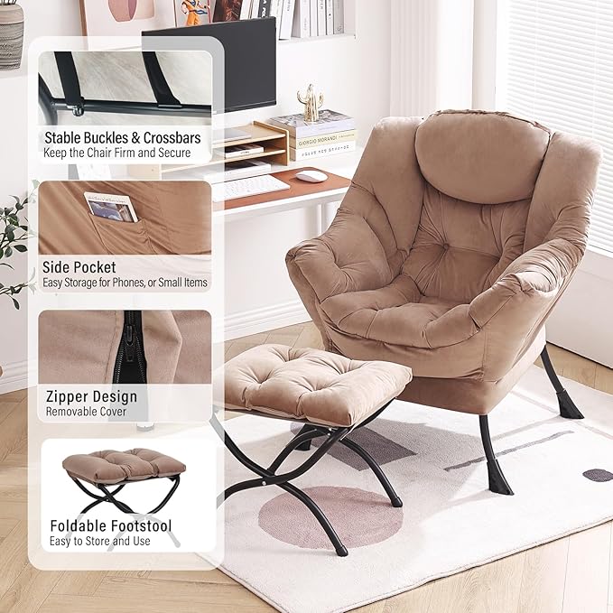 Lazy Chair with Ottoman Modern Accent Chair with Armrests and a Side Pocket Velvet Khaki Accent Chairs Reading Chairs Oversized Armchairs for Bedroom Study Living Room Courtyard