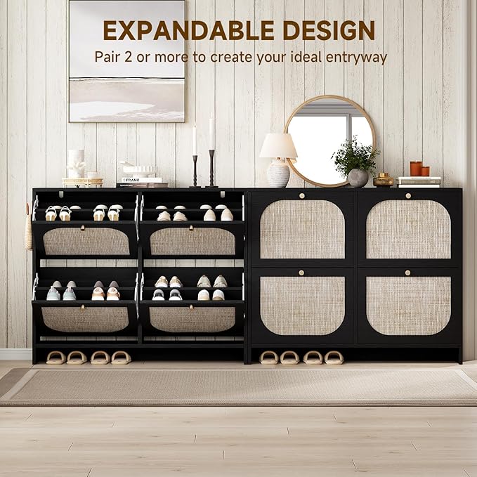 Nicetree Freestanding Arched Rattan Accent Ultra Slim Shoe Cabinet for Entryway - 4 Flip Drawers &amp 3-Tier Adjustable Shelves Farmhouse Modern Rustic Shoe Rack for Hallway Foyer Living RoomBlack