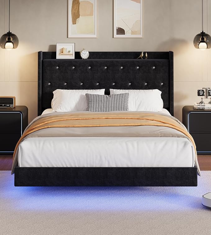 IDEALHOUSE Full Size Bed Frame with LED Lights Floating Platform Bed with Velvet Upholstered Storage Headboard No Box Spring Needed Noise Free Easy Assembly