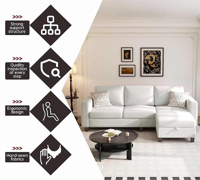 Youmumeub Sectional Couches for Living Room - Convertible Sofa and Storage Bench79''Modern Corner ConfigurationSuitable for Living Room Apartment Bedroom and Office-Beige | Reversible Chaise Wash
