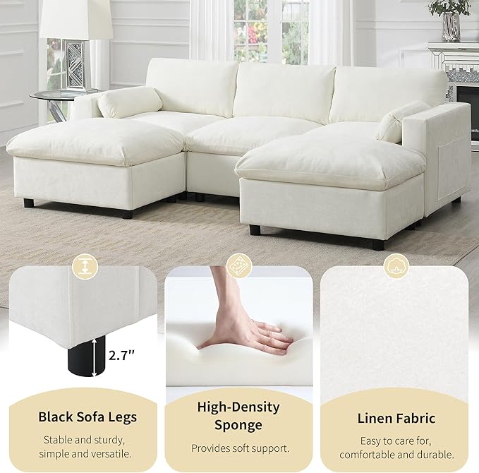 kevinplus 86.5'' Sectional Sofa Couch with Ottoman for Living Room Modern Contemporary 3-Seat Sectional Sofa Couch for Apartment Chenille Fabric Beige