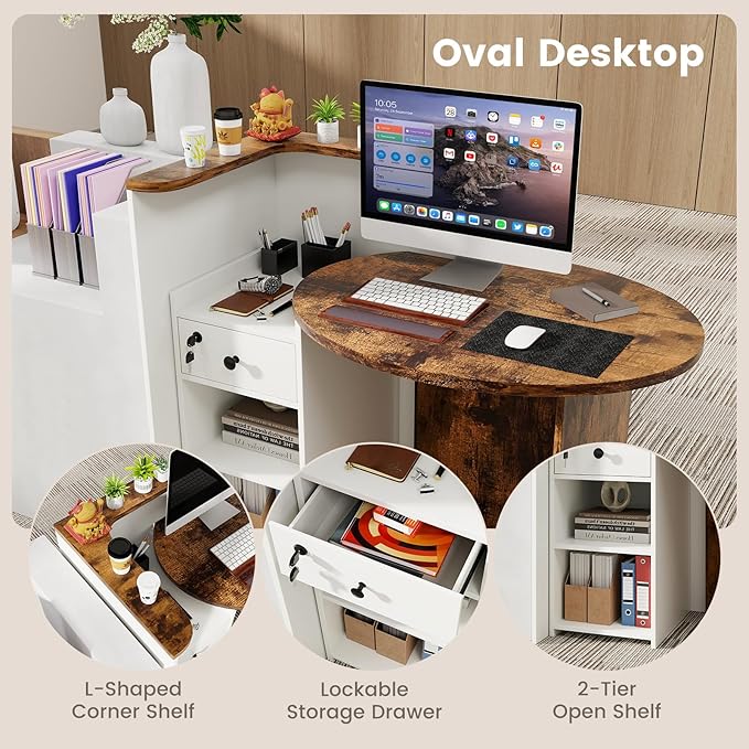 Reception Desk Small Retail Checkout Counter with Lockable Drawer and Open Shelves Wooden Computer Workstation for Home Office Lobby White Oval Desktop &amp Brown Counter