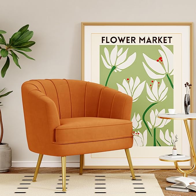 Velvet Accent Chairs for Living Room Bedroom Office Leisure Upholstered Single Sofa Chair Arm Chair Comfy Chair Reading Club Coffee Chair with Metal Legs Orange