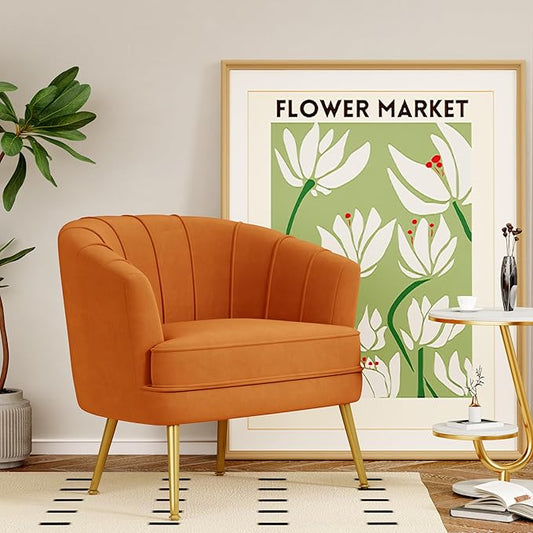 Velvet Accent Chairs for Living Room Bedroom Office Leisure Upholstered Single Sofa Chair Arm Chair Comfy Chair Reading Club Coffee Chair with Metal Legs Orange