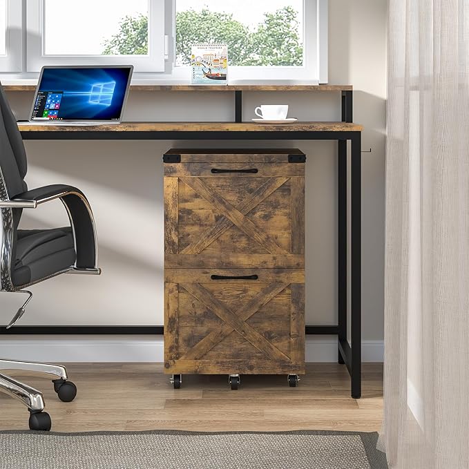 2 Drawer Small File Cabinet with Wheels Farmhouse Vertical Filing Cabinet Fits A4 or Letter Size Under Desk Rolling File Cabinets for Home Office Wooden Printer Stand Brown